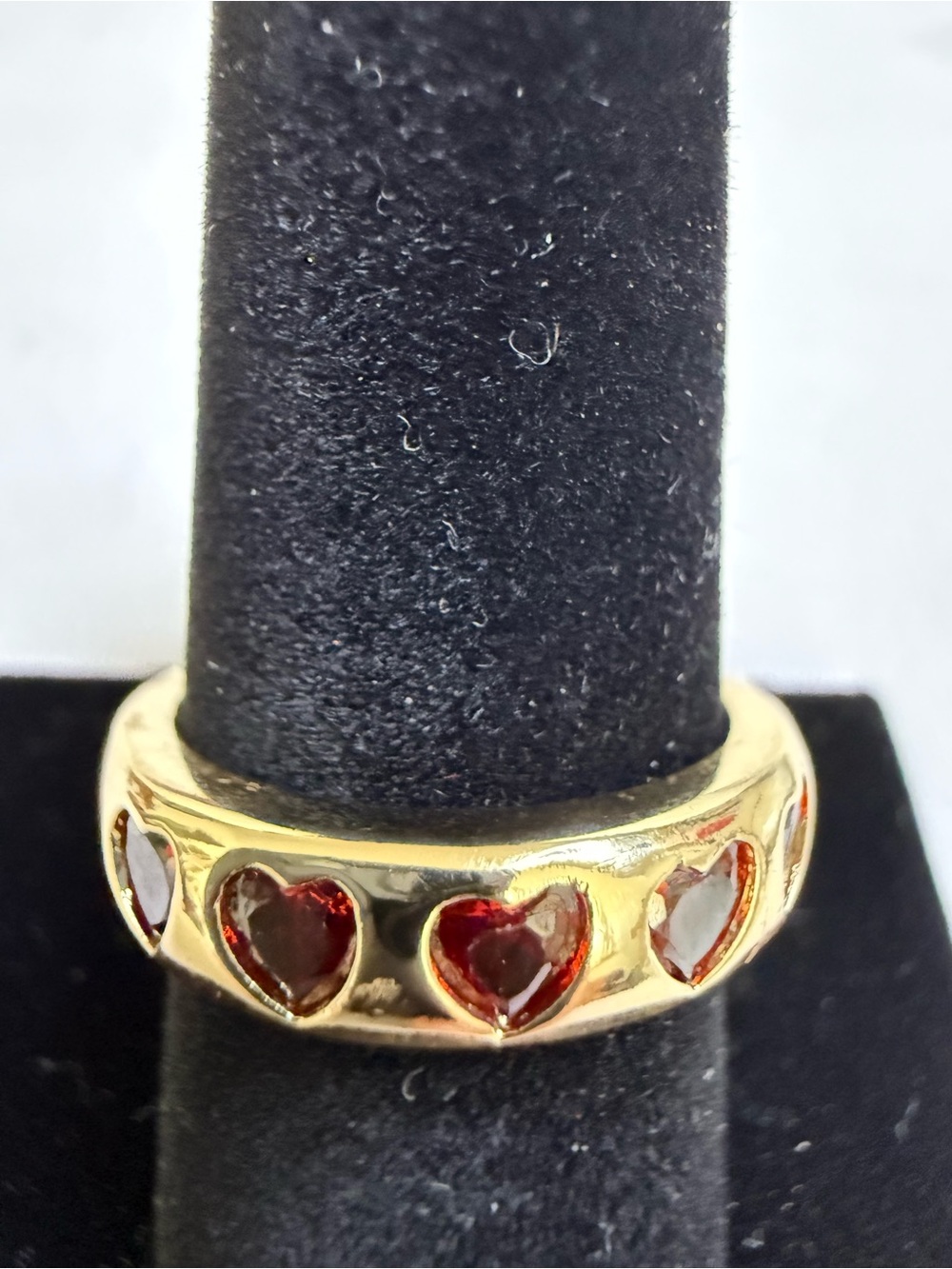 Gold Heart Band Ring with Red Gemstones - Women Jewelry